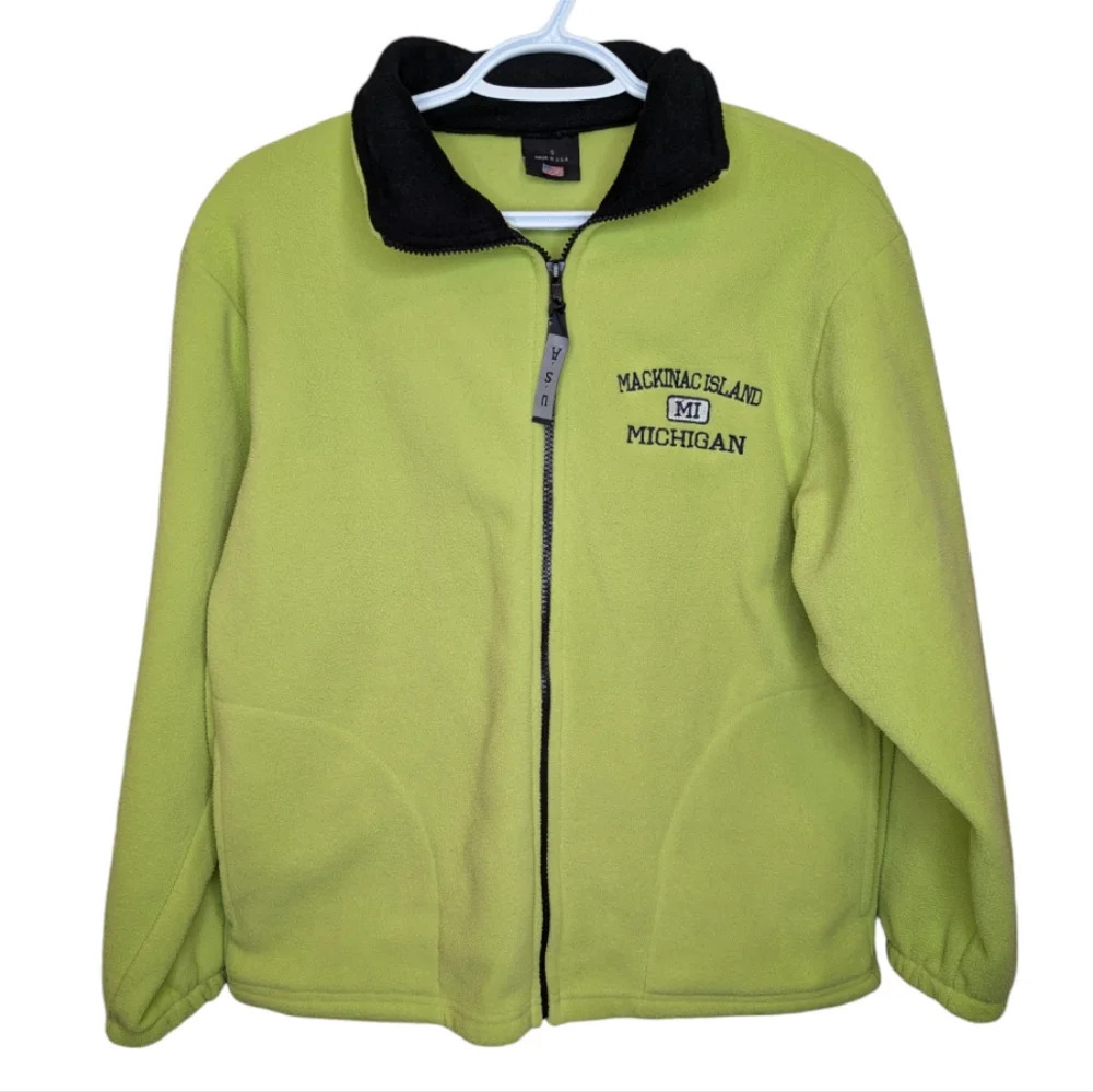 Vintage Mackinac Island Lemon Lime Green Fleece Embroidered Zip Up Men Small Uni